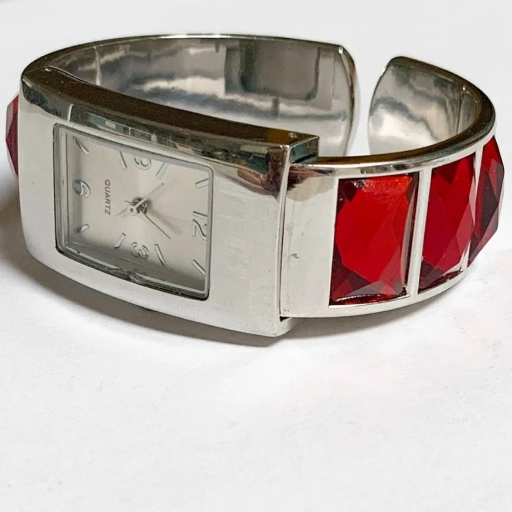 Red silver rhinestone hinged bracelet watch